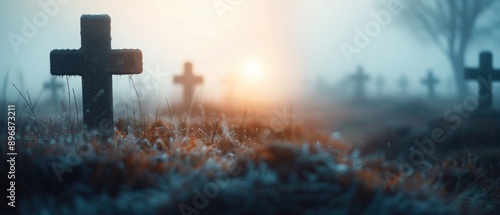 A misty graveyard with ancient tombstones and eerie lighting, with copy space.