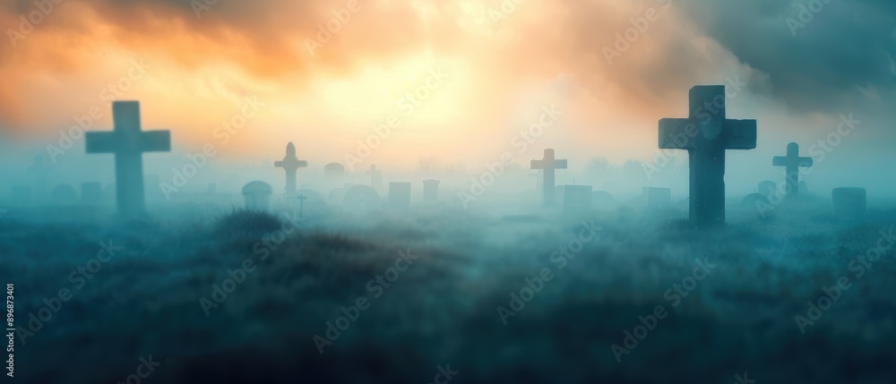 A foggy graveyard with ancient tombstones, shrouded in a creeping mist, creating a haunting and ethereal atmosphere as the morning sun begins to break through the thick clouds, with copy space A foggy graveyard with ancient tombstones, shrouded in a creeping mist, creating a haunting and ethereal atmosphere as the morning sun begins to break through the thick clouds, with copy space