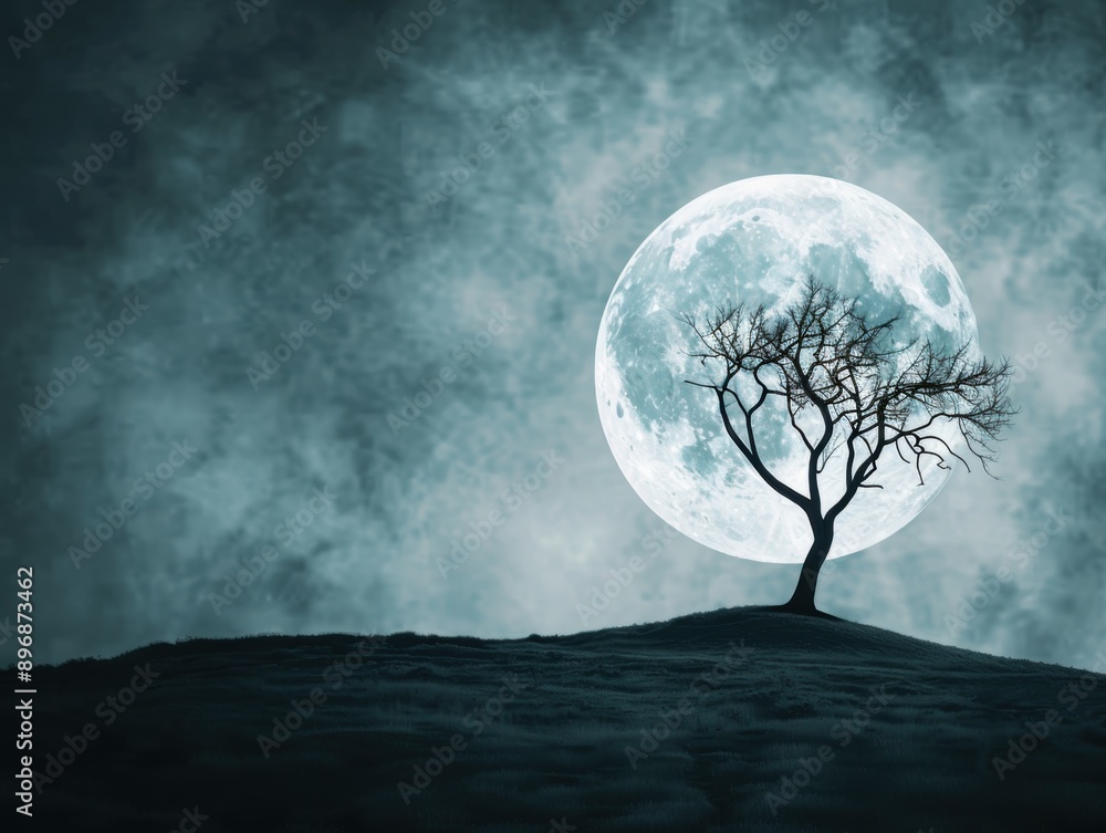 Full moon illuminating a haunted landscape with a twisted tree on a hill, creating an eerie and mystical atmosphere.
Full moon illuminating a haunted landscape with a twisted tree on a hill, creating an eerie and mystical atmosphere.