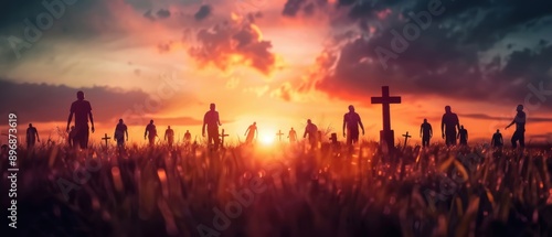 Zombies emerging from a graveyard at dusk, creating a haunting and eerie scene as the sun sets behind them.