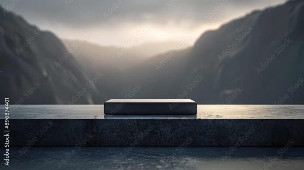 Minimalist rectangular object on a concrete surface with a foggy mountainous background, capturing calm and serene scenery. Minimalist rectangular object on a concrete surface with a foggy mountainous background, capturing calm and serene scenery.