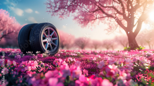 A car wheel set against a blooming cherry blossom meadow, with spring flowers in full bloom. The sun shines brightly through the trees, illuminating the pink clover field.