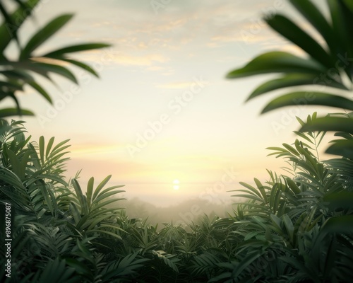 Serene sunrise over lush tropical jungle with rich green foliage and gentle morning sky, perfect for nature and landscape themes.