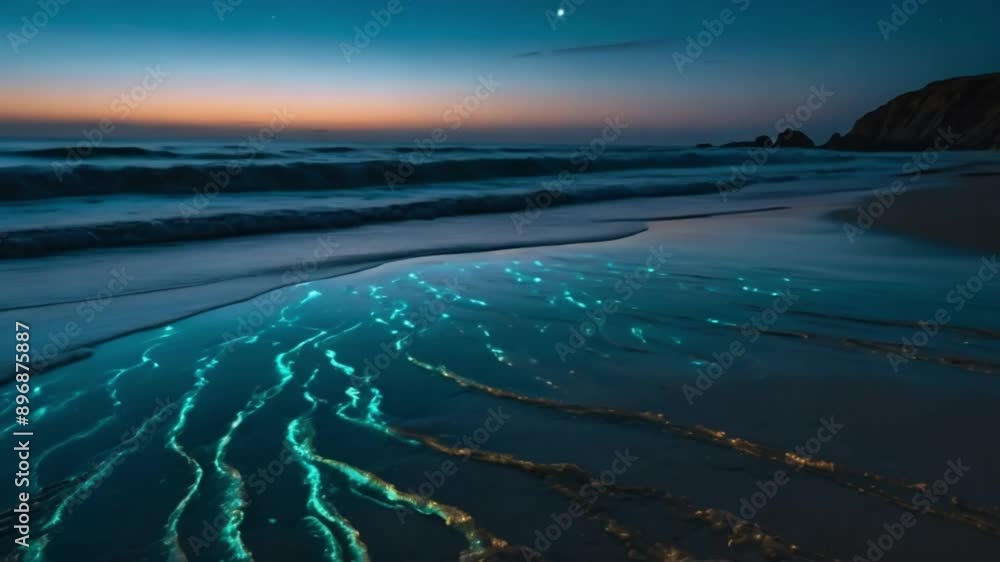 A beach with bioluminescent sand that glows in the moonlight, with gentle waves lapping at the shore A beach with bioluminescent sand that glows in the moonlight, with gentle waves lapping at the shore