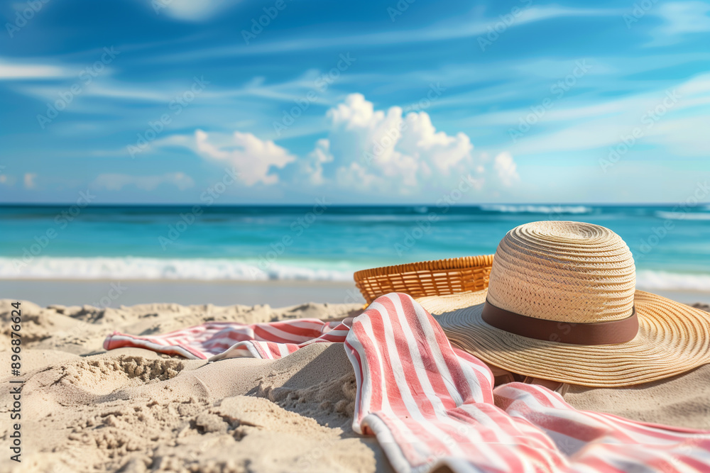 Obraz premium sea blue sky, picnic with cute basket, background and wallpaper the beach