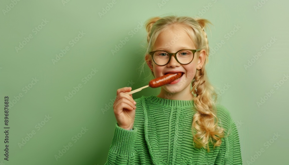 Young Girl Wearing Glasses Eats Sausage On Stick Against Green Background Young Girl Wearing Glasses Eats Sausage On Stick Against Green Background