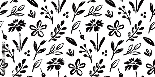 Flower brush seamless pattern. Floral abstract hand drawn brush paint background. Sketch hand drawn leaf floral paint seamless pattern. Black simple texture flower background. Vector illustration
