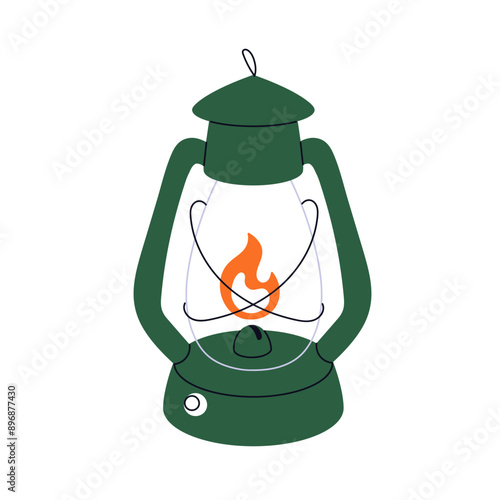 Camping portable lantern with flame. Retro vintage light holder. Hiking oil, ...