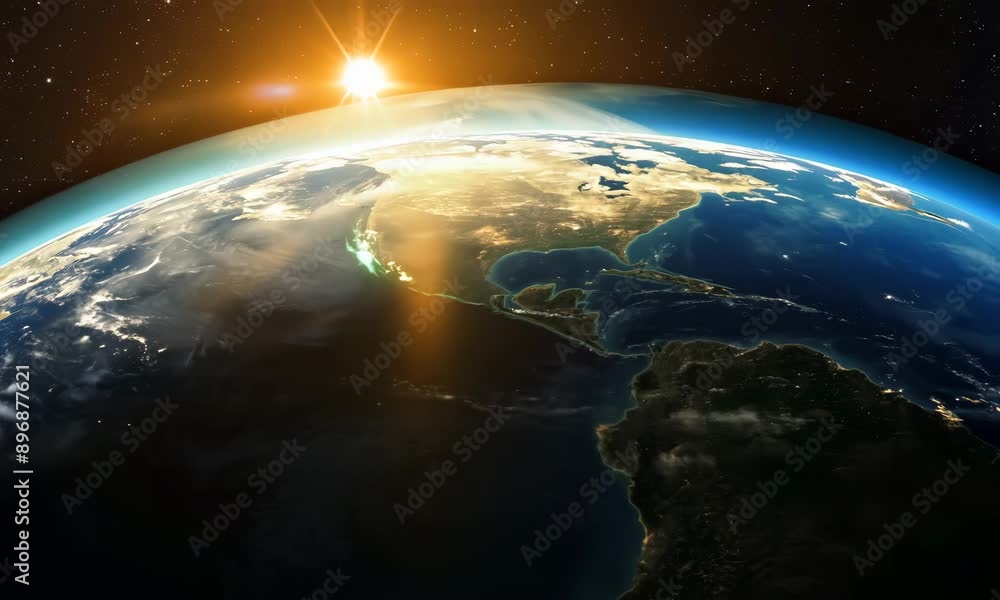 A close up of the Earth at night. The sky is dark and the sun is setting, casting a warm glow over the planet. The atmosphere is serene and peaceful A close up of the Earth at night. The sky is dark and the sun is setting, casting a warm glow over the planet. The atmosphere is serene and peaceful