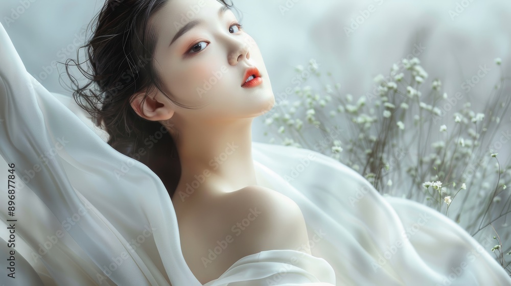 Beautiful asian woman model wearing a whte dress on an empty background, suitable for beauty advertising, skin care ads Beautiful asian woman model wearing a whte dress on an empty background, suitable for beauty advertising, skin care ads