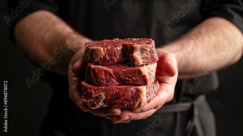 Professional collaboration between chefs and beef suppliers, focusing on marbled beef cuts and modern kitchen equipment photo