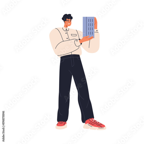 Real estate agent presenting new apartment building. Happy realtor, property broker developer holding condo house model, residential architecture. Flat vector illustration isolated on white background