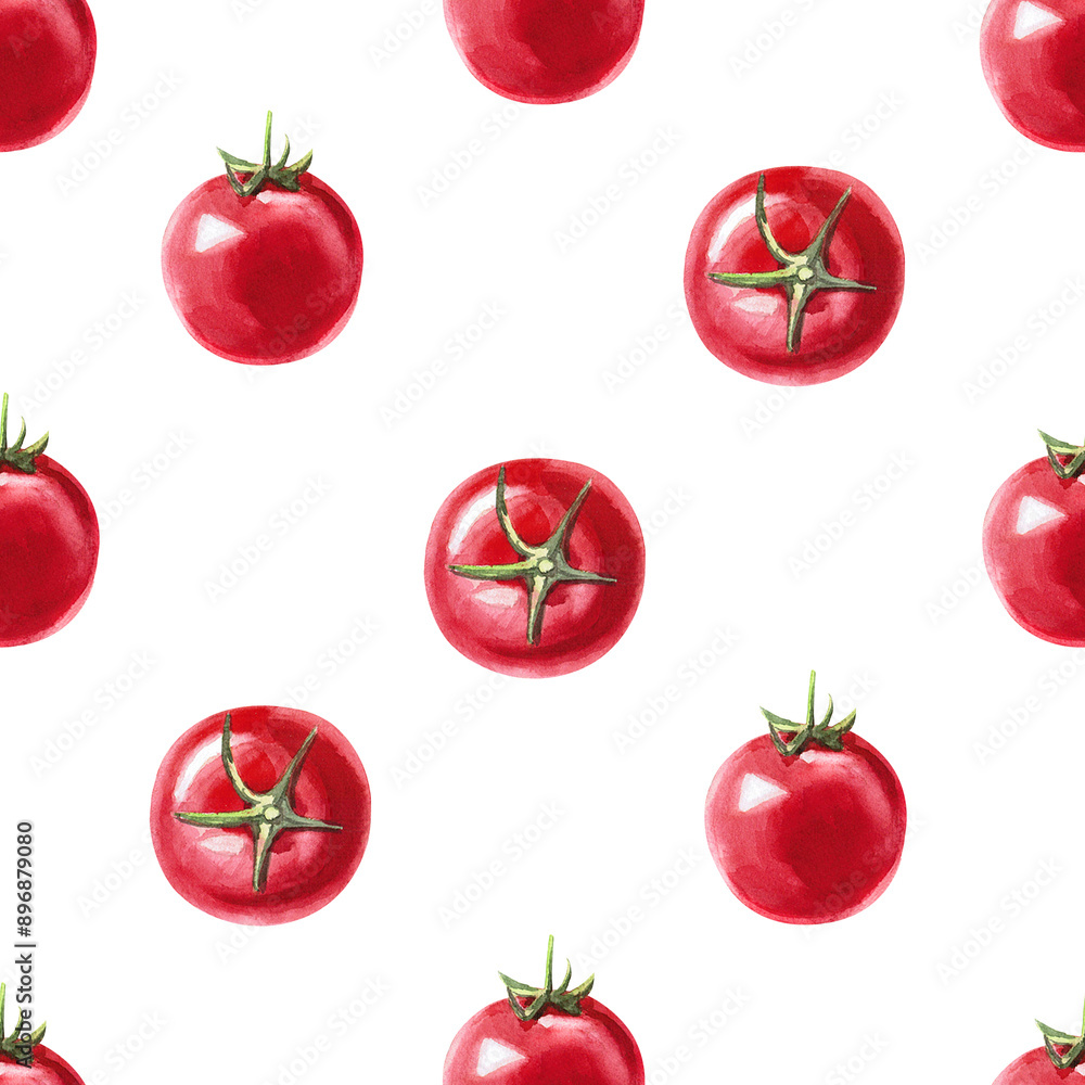 Seamless pattern with tomatoes on a white background. Hand-drawn watercolor illustration for wrapping paper, fabric printing, cookbooks. Seamless pattern with tomatoes on a white background. Hand-drawn watercolor illustration for wrapping paper, fabric printing, cookbooks.