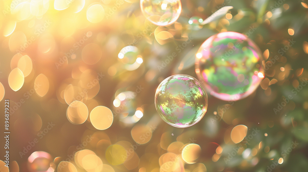 Soap Bubbles Floating in Sunlit Garden with Bokeh Effect.. Soap Bubbles Floating in Sunlit Garden with Bokeh Effect..