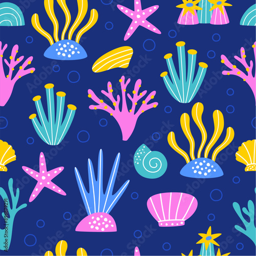Seamless pattern with sea plants and shells. Children's print on textiles, baby shower, wallpaper.