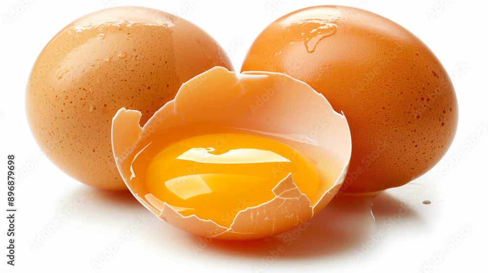 Fresh Whole and Cracked Eggs with Yolk on White Background.. Fresh Whole and Cracked Eggs with Yolk on White Background..