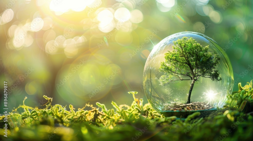 Tree in Glass Sphere on Mossy Ground with Sunlight and Bokeh Background - Symbol of Environmental Conservation and Nature Protection Tree in Glass Sphere on Mossy Ground with Sunlight and Bokeh Background - Symbol of Environmental Conservation and Nature Protection