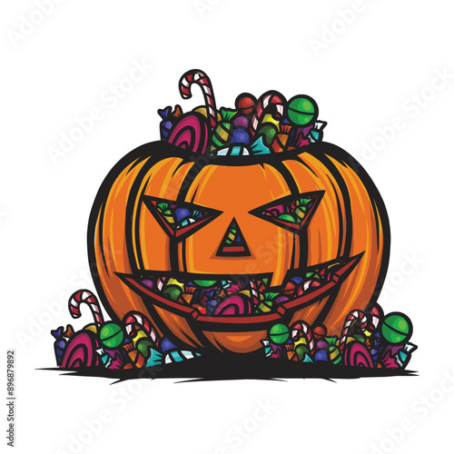 halloween pumpkin full of candy lollipop and chocolate.