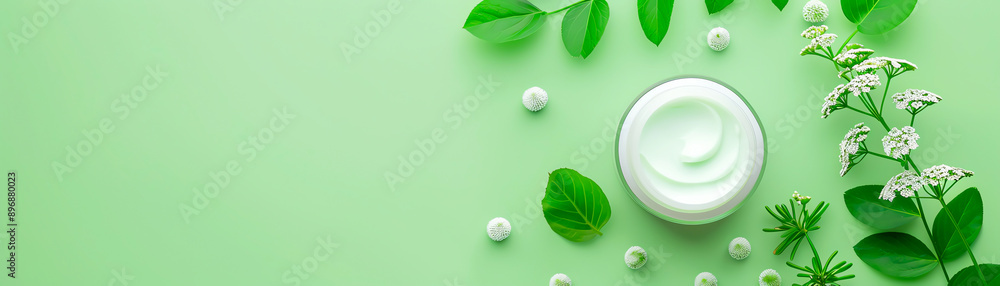 A fresh and natural skincare composition featuring cream, leaves, and flowers on a soft green background. A fresh and natural skincare composition featuring cream, leaves, and flowers on a soft green background.