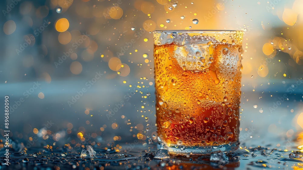 cold drink with condensation and ice melting rapidly, contrasting with the surrounding high temperatures. cold drink with condensation and ice melting rapidly, contrasting with the surrounding high temperatures.