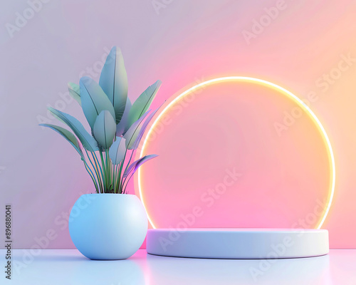 A modern plant display featuring a vibrant pot and soft glow from a circular light, perfect for contemporary home decor.