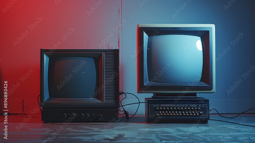 CRT monitor from the 1990s next to a flat-screen LED monitor ...