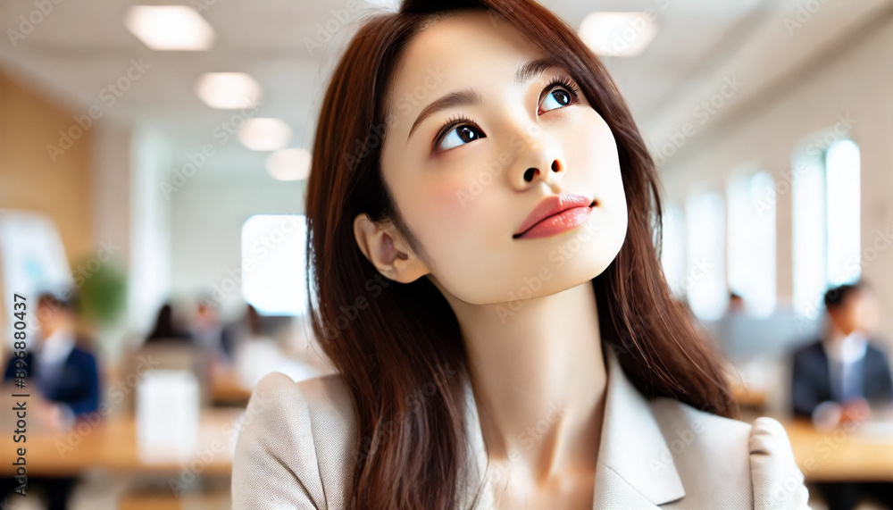 オフィスでアイディアを考える若いビジネスウーマン オフィスでアイディアを考える若いビジネスウーマン
