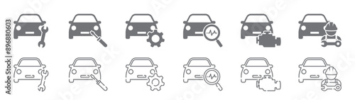 Set of car repair icons. Auto service symbols, garage, repair cars, wrench, screwdriver, gear, mechanic, check engine, diagnostic. Vector. EPS10.