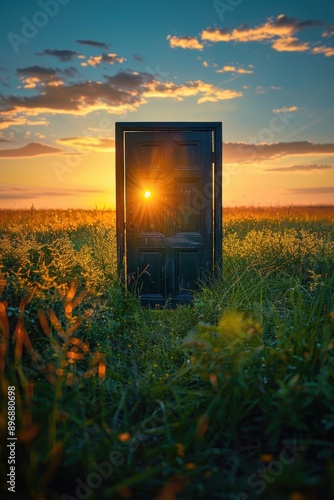 Enigmatic Doorway in a Field at Sunset with Sunlight Streaming Through