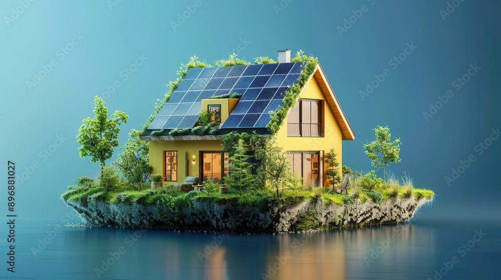 Eco-Friendly Modern House with Solar Panels on a Floating Island Surrounded by Water and Greenery Eco-Friendly Modern House with Solar Panels on a Floating Island Surrounded by Water and Greenery