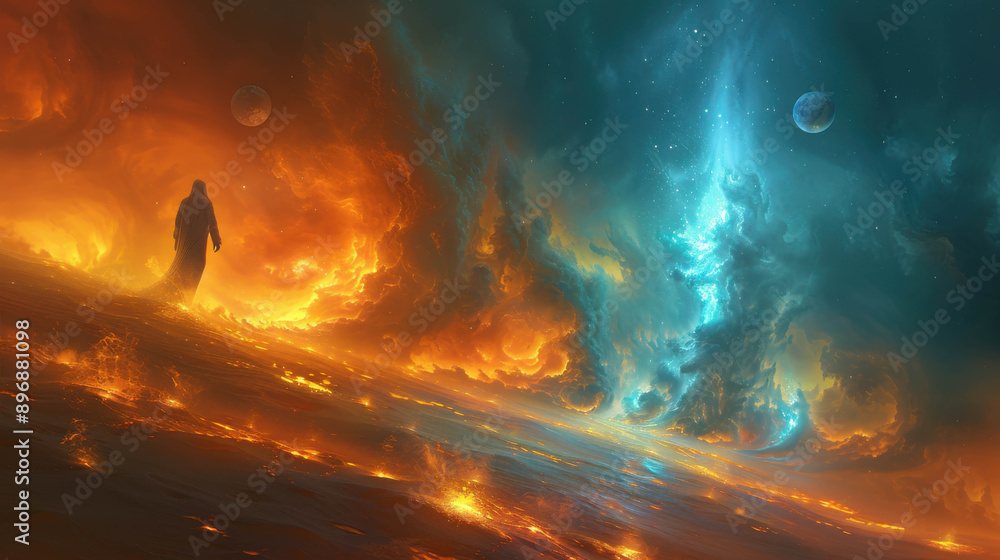 A mystical figure stands on a fiery terrain under a vibrant cosmic sky, featuring swirling orange and blue clouds and distant planets. A mystical figure stands on a fiery terrain under a vibrant cosmic sky, featuring swirling orange and blue clouds and distant planets.