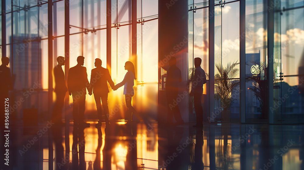 A group of business people shaking hands in an office building A group of business people shaking hands in an office building
