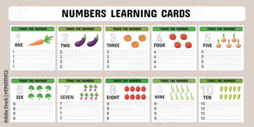 Cards for learning numbers from 1 to 10 with vegetables. Kindergarten flashcards with numbers, learning and spelling numbers . Vector illustration