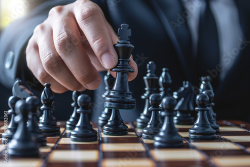 Man's hand of businessman wearing suit moving chess figure in competition success play. Strategy teamwork management or leadership concept. 