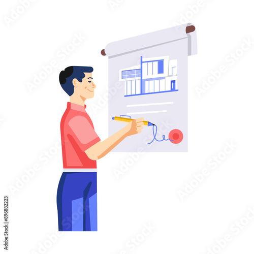 Character based flat illustration of signing contract 

