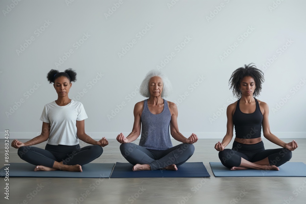 During a yoga session, three women practice awareness, balance, calm, and concentration to enhance their wellness. The session incorporates mindfulness and unity for improved health During a yoga session, three women practice awareness, balance, calm, and concentration to enhance their wellness. The session incorporates mindfulness and unity for improved health