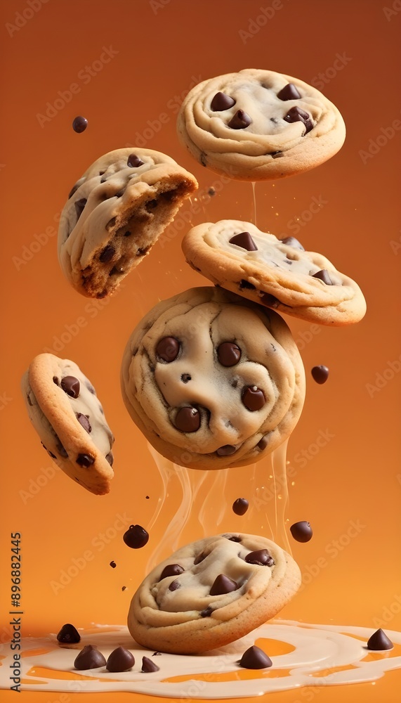 Obraz premium Delicious stack of chocolate chip cookies in the air like advertising creative, solid bold color background,