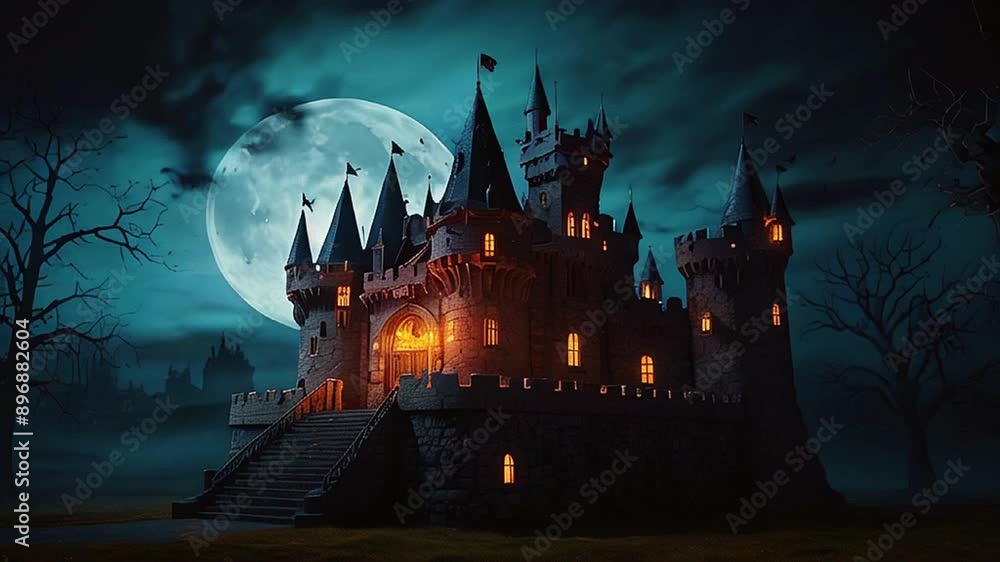 halloween castle with bats.Seamless 4k time lapse virtual video animation background halloween castle with bats.Seamless 4k time lapse virtual video animation background