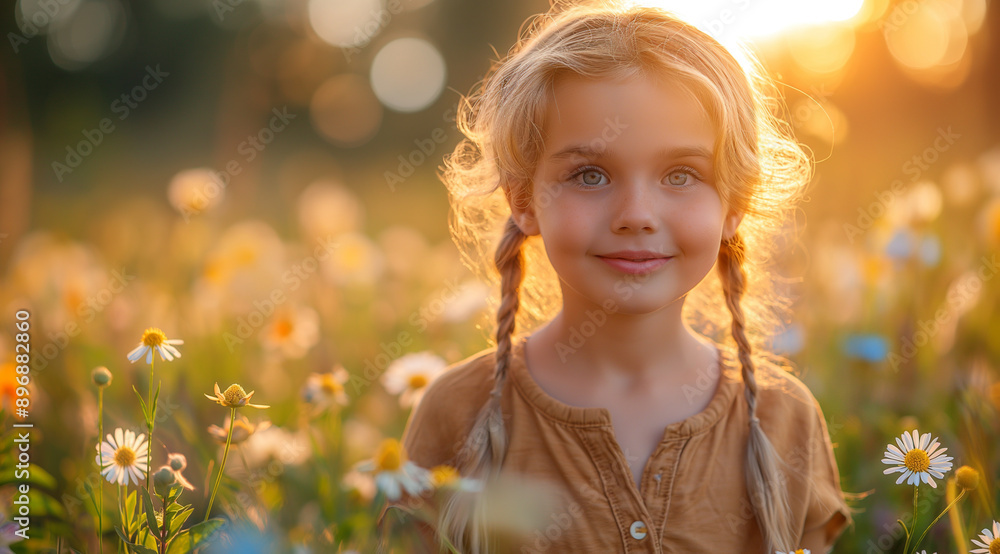 Fototapeta premium A girl in a flower field, created with the help of generative AI technology.