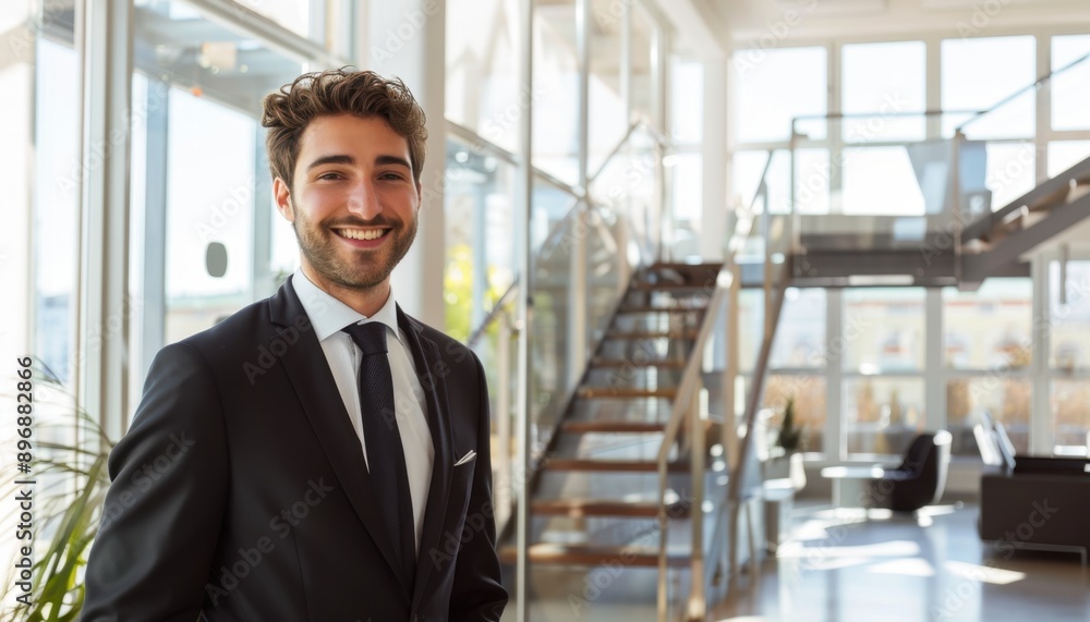 Smiling Businessman In Modern Office Building With Staircase Smiling Businessman In Modern Office Building With Staircase