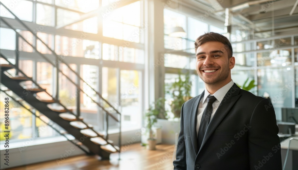 Smiling Businessman Standing In Modern Office With Large Windows Smiling Businessman Standing In Modern Office With Large Windows