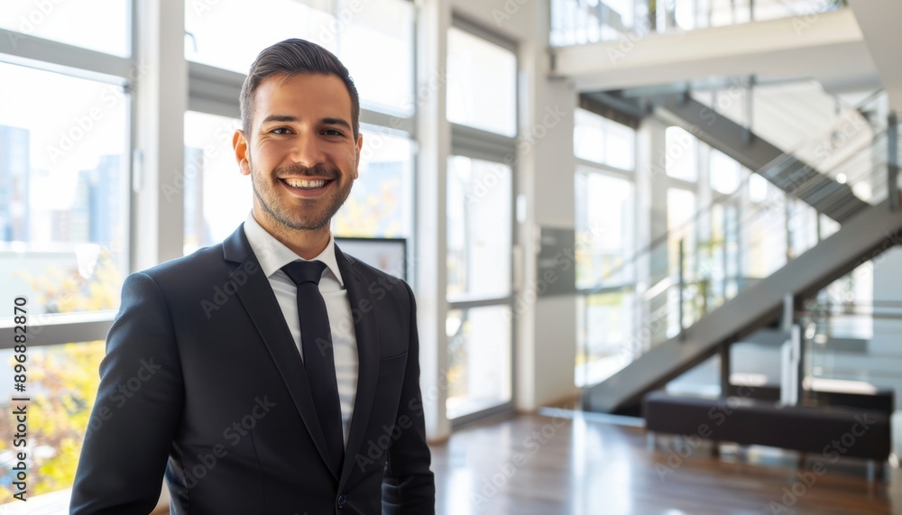 Smiling Businessman in Modern Office Building During the Day Smiling Businessman in Modern Office Building During the Day