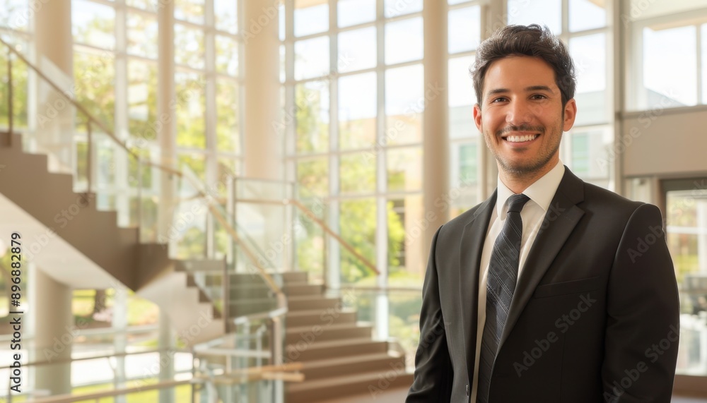 Smiling Businessman Standing in Modern Office Building Lobby Smiling Businessman Standing in Modern Office Building Lobby