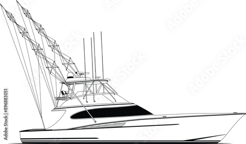 Sport fishing boat vector line art illustration and one-color