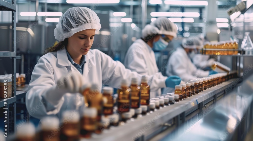 European Workers in Work Clothes Busy Packing and Labeling Products on a Modern Production Line European Workers in Work Clothes Busy Packing and Labeling Products on a Modern Production Line