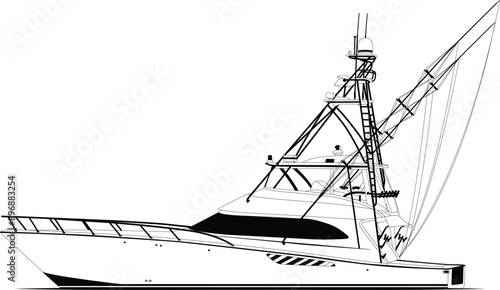 Sport fishing boat vector line art illustration and one-color