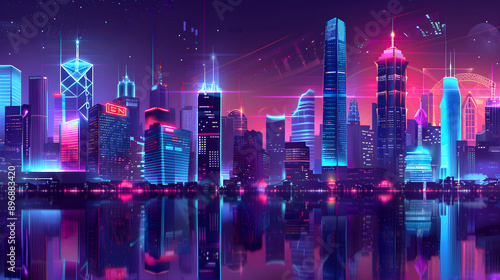 Futuristic cyberpunk city skyline illuminated by vibrant neon lights, depicting a technologically advanced metropolis.