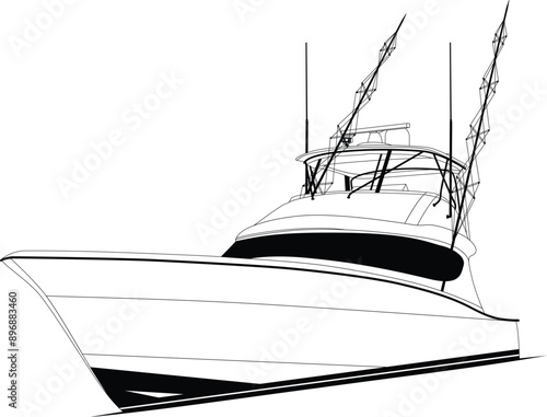 Sport fishing boat vector line art illustration and one-color