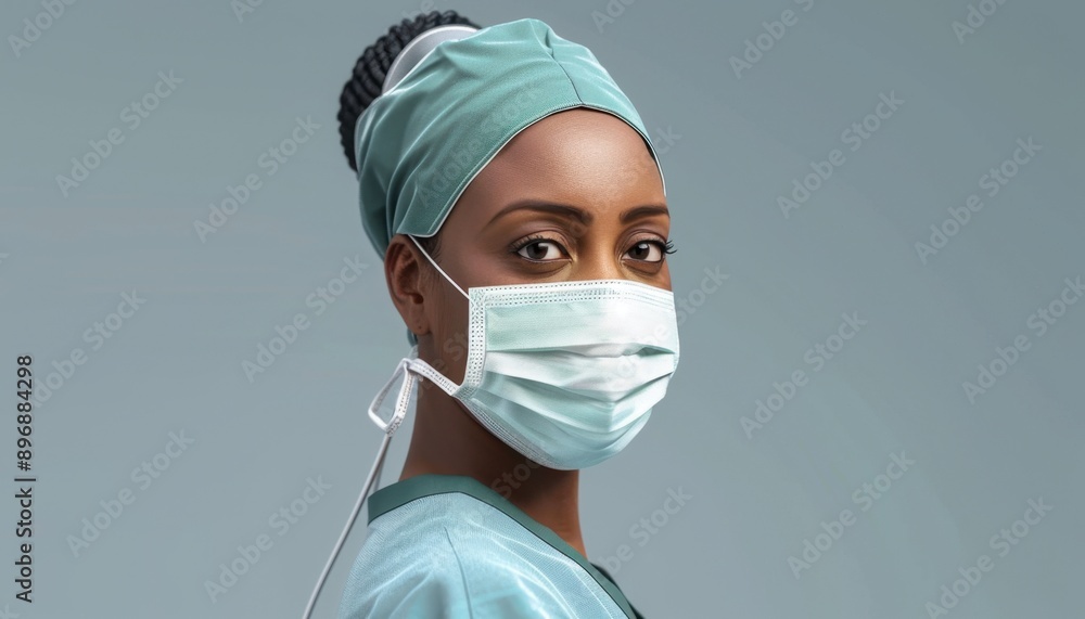 African American Female Healthcare Worker Wearing Surgical Mask and Scrubs African American Female Healthcare Worker Wearing Surgical Mask and Scrubs