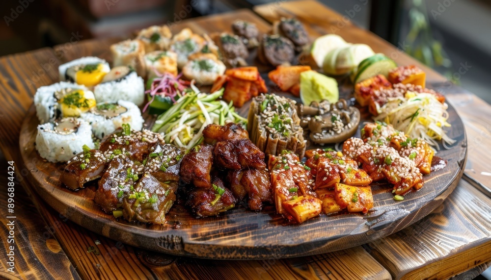 A Diverse Korean Food Platter Featuring Sushi, Meat, and Kimchi A Diverse Korean Food Platter Featuring Sushi, Meat, and Kimchi